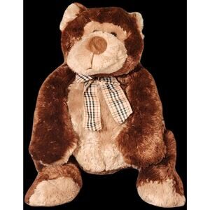 Animal Adventure Beige Brown Teddy Bear Plush W Plaid Bow 24” Stuffed Animal